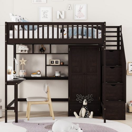 Full Size Loft Bed With Bookshelf, Staircase, Desk and Wardrobe