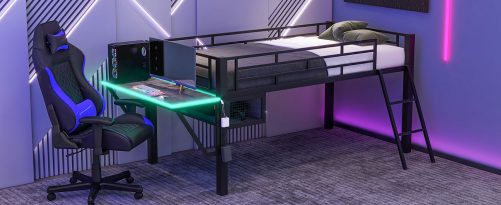 Gaming Mid Loft Bed With Desk and LED, Twin Size