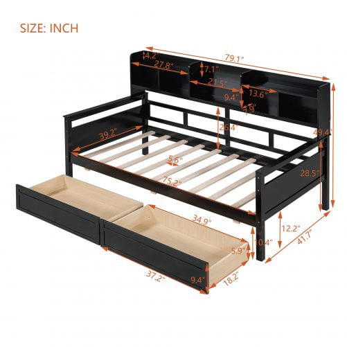 Twin Size Daybed With Bedside Shelves And Two Drawers