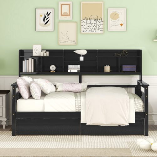 Twin Size Daybed With Bedside Shelves And Two Drawers