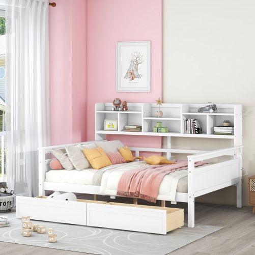 Full Size Daybed With Bedside Shelves And Two Drawers