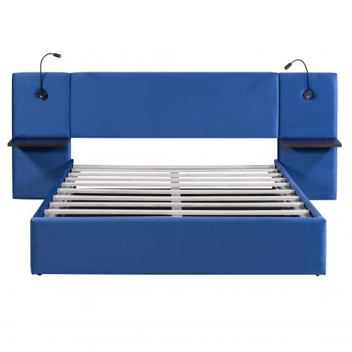 Queen Size Storage Upholstered Hydraulic Platform Bed with 2 Shelves, 2 Lights and USB