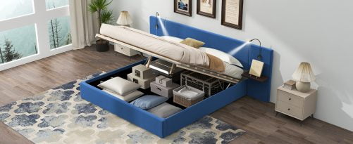 Queen Size Storage Upholstered Hydraulic Platform Bed with 2 Shelves, 2 Lights and USB