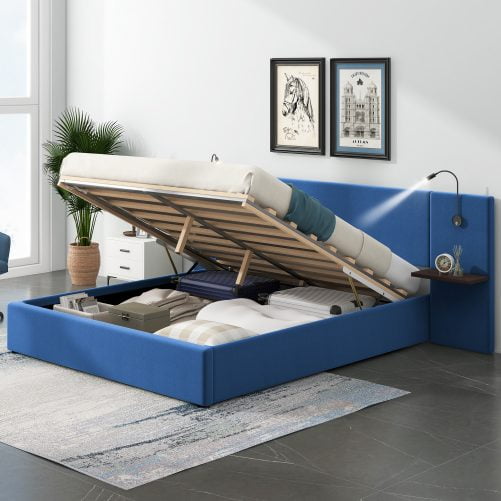 Full Size Storage Upholstered Hydraulic Platform Bed with 2 Shelves, 2 Lights and USB