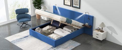 Full Size Storage Upholstered Hydraulic Platform Bed with 2 Shelves, 2 Lights and USB