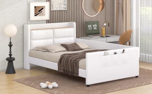 Twin Size Upholstered Platform Bed with Guardrail, Storage Headboard and Footboard