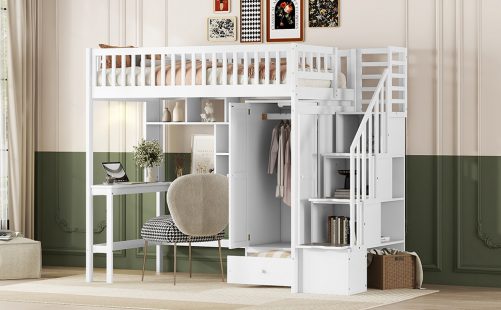 Twin size Loft Bed with Bookshelf, Drawers, Desk, and Wardrobe