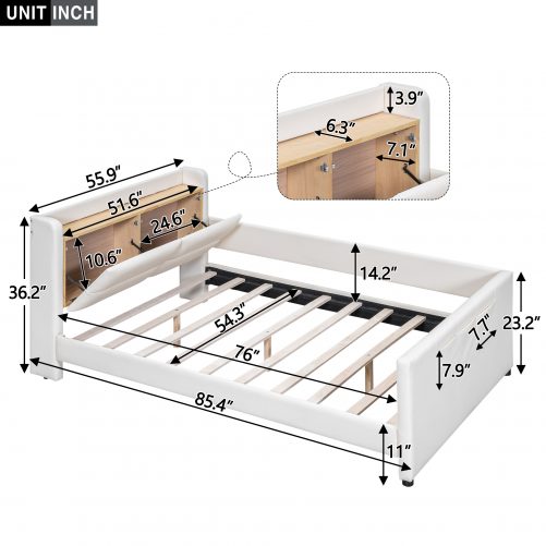Full Size Upholstered Platform Bed with Guardrail, Storage Headboard and Footboard