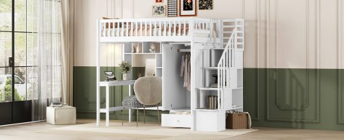 Twin size Loft Bed with Bookshelf, Drawers, Desk, and Wardrobe