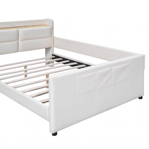 Full Size Upholstered Platform Bed with Guardrail, Storage Headboard and Footboard