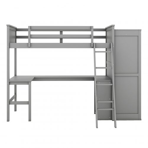 Twin Size Loft Bed With Desk, Shelves And Wardrobe