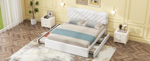 Queen Size Upholstery Platform Bed with Storage Drawers and Trundle