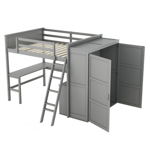Full Size Loft Bed with Desk, Shelves and Wardrobe
