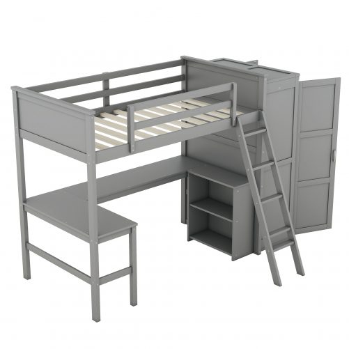 Twin Size Loft Bed With Desk, Shelves And Wardrobe
