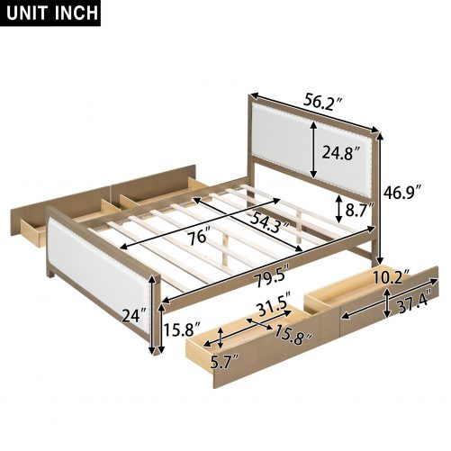 Full Size Upholstered Platform Bed with Wood Frame and 4 Drawers