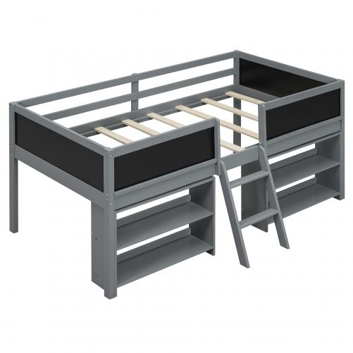 Twin Size Low Loft Bed with Two Movable Shelves and Ladder,with Decorative Guardrail Chalkboard