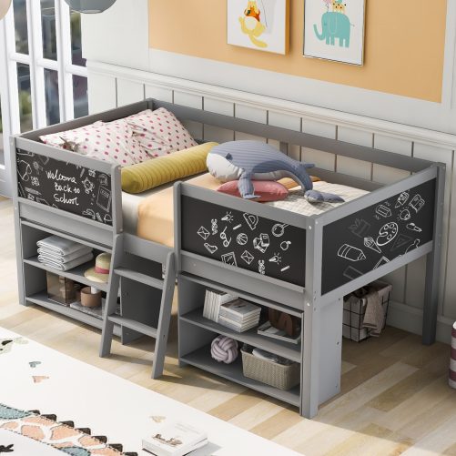 Twin Size Low Loft Bed with Two Movable Shelves and Ladder,with Decorative Guardrail Chalkboard