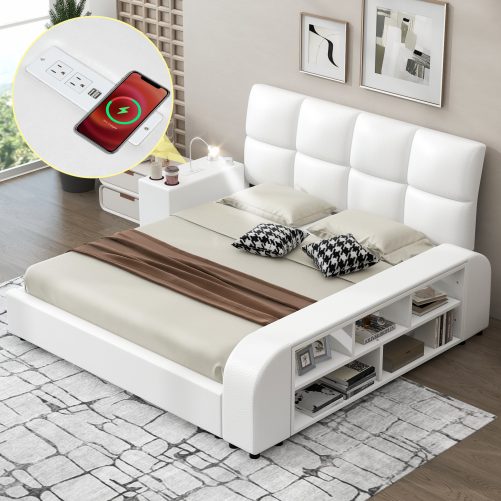 Queen Size Upholstered Platform Bed with Multimedia Nightstand and Storage Shelves