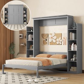 Queen Size Murphy Bed Wall Bed with Shelves and LED Lights