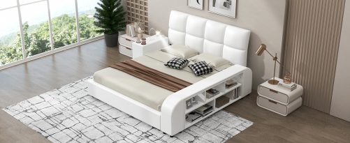 Queen Size Upholstered Platform Bed with Multimedia Nightstand and Storage Shelves