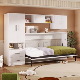 Twin Size Murphy Bed with Open Shelves and Storage Drawers, Built-in Wardrobe and Table