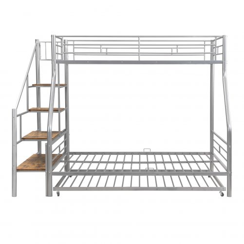 Twin Over Full Size Metal Bunk Bed With Trundle And Storage Staircase