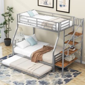 Twin Over Full Size Metal Bunk Bed With Trundle And Storage Staircase