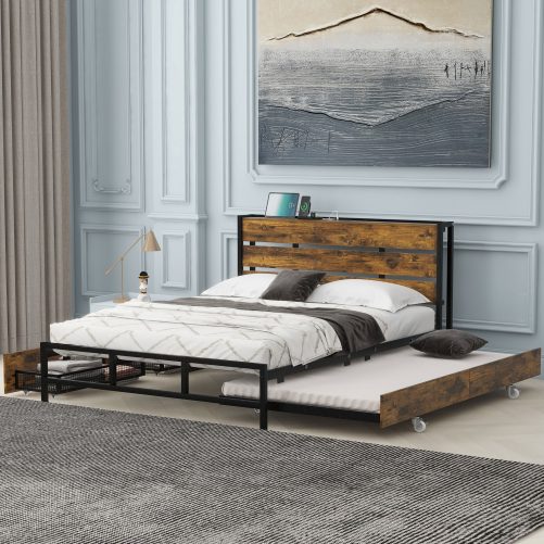 Metal Platform Bed With Drawers And Trundle, Sockets And USB Ports