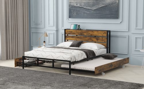 Metal Platform Bed With Drawers And Trundle, Sockets And USB Ports