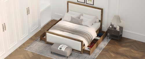 Full Size Upholstered Platform Bed with Wood Frame and 4 Drawers