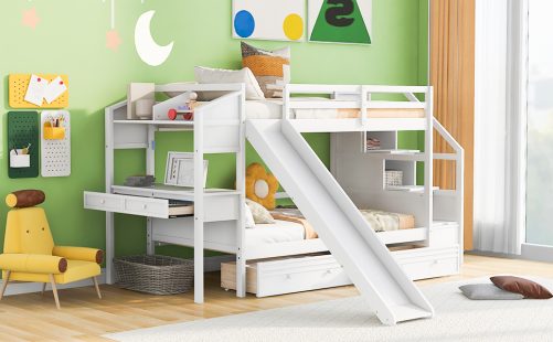 Twin over Twin Bunk Bed with Storage Staircase, Slide and Drawers, Desk with Drawers and Shelves