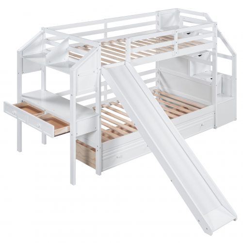 Twin over Twin Bunk Bed with Storage Staircase, Slide and Drawers, Desk with Drawers and Shelves