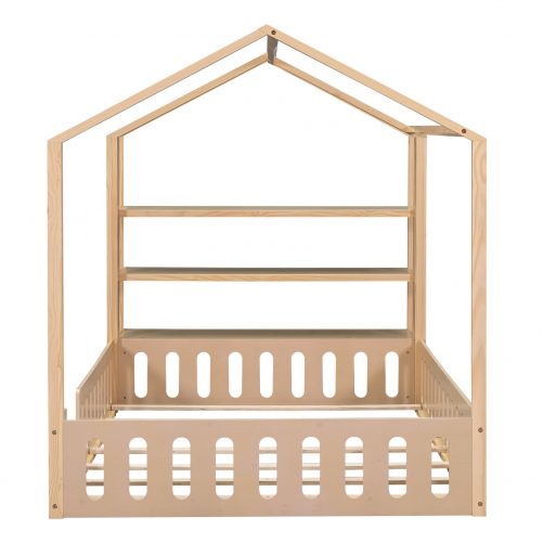 Full Size Wood House Bed with Fence and Detachable Storage Shelves