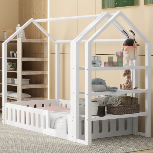 Twin Size Wood House Bed with Fence and Detachable Storage Shelves