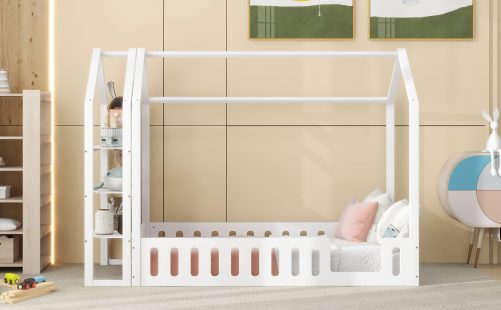 Twin Size Wood House Bed with Fence and Detachable Storage Shelves
