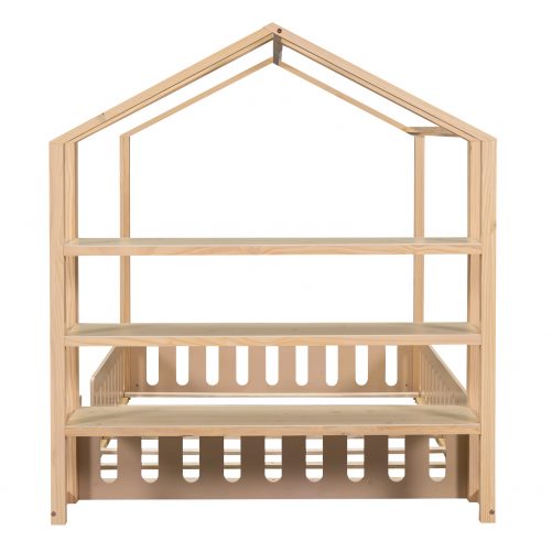 Full Size Wood House Bed with Fence and Detachable Storage Shelves