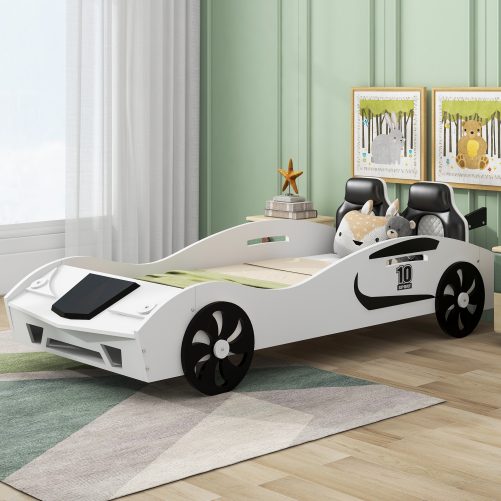 Twin Size Race Car-Shaped Platform Bed with Upholstered Backrest and Storage