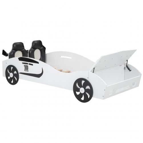 Twin Size Race Car-Shaped Platform Bed with Upholstered Backrest and Storage