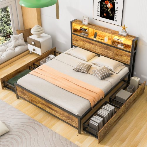 Metal Platform Bed With 4 Drawers, Sockets And USB Ports, Full Size