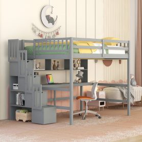 Full Size Loft Bed with Built-in Desk, Bookshelves and Storage Staircase