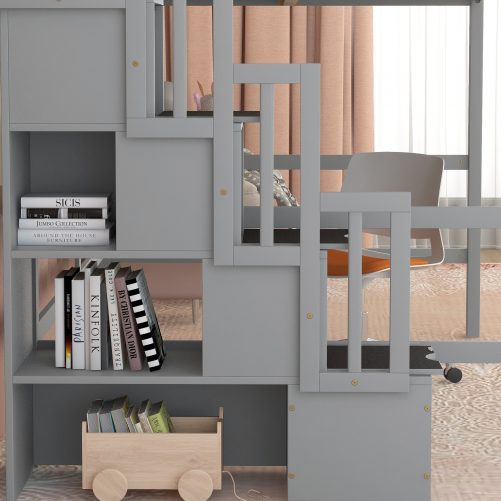 Full Size Loft Bed With Desk, Storage Shelves And Staircase