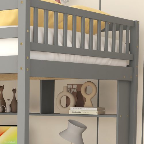 Full Size Loft Bed With Desk, Storage Shelves And Staircase