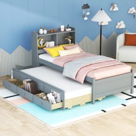 Twin Size Bed with USB & Type-C Ports, LED light, Bookcase Headboard, Trundle and 3 Storage Drawers