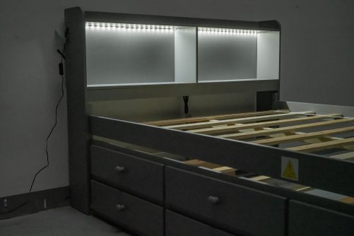 Full Size Bed with USB & Type-C Ports, LED light, Bookcase Headboard, Trundle and 3 Storage Drawers