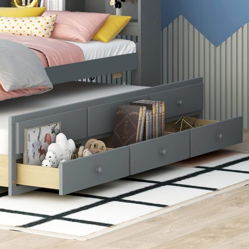 Twin Size Bed with USB & Type-C Ports, LED light, Bookcase Headboard, Trundle and 3 Storage Drawers