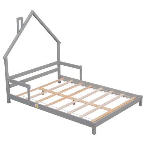 Full House-Shaped Floor Bed With Handrails and Slats