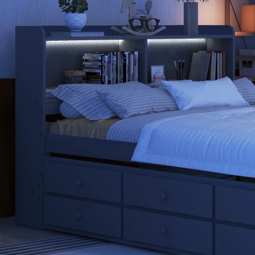 Full Size Bed with USB & Type-C Ports, LED light, Bookcase Headboard, Trundle and 3 Storage Drawers