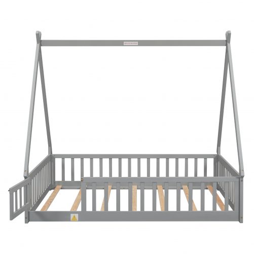 Full Size Tent-Shaped Floor Bed With Guardrails, Slats and Door