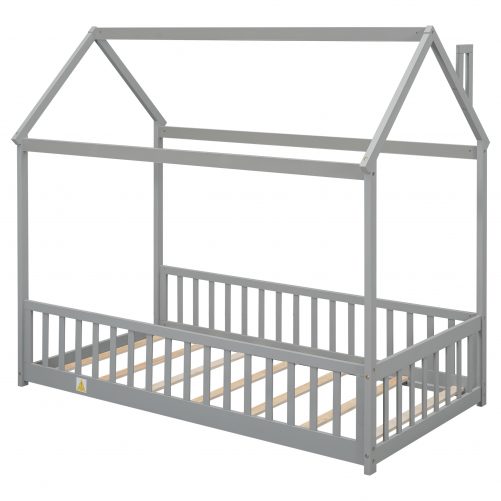 Twin House Bed With Guardrails, and Slats