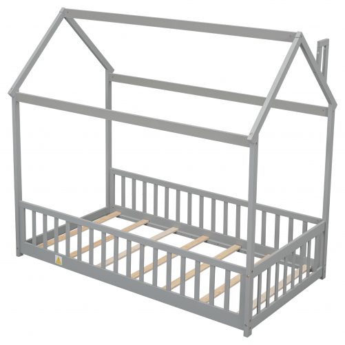 Twin House Bed With Guardrails, and Slats
